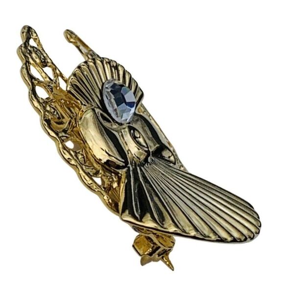 Vintage Jane Clear Faceted Glass Fan Paisley Shiny Yellow Gold Tone Brooch - Picture 4 of 6